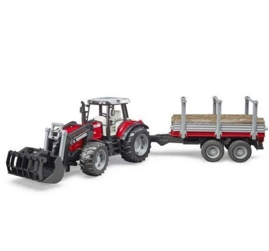 Bruder Tractor De Juguete Massey Ferguson 7480 Con Pala Delantera Y Remolque De Madera Esc 1:16 Bruder 02046 Forestal Bruder