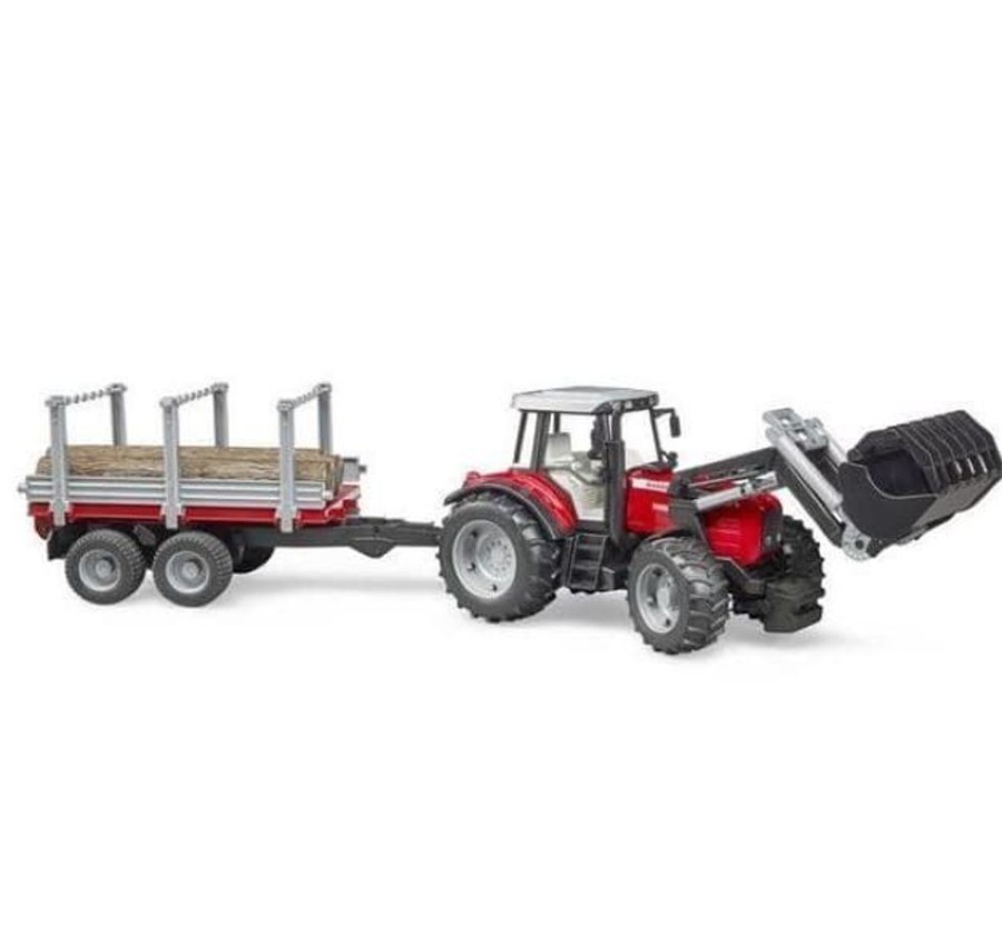 Bruder Tractor De Juguete Massey Ferguson 7480 Con Pala Delantera Y Remolque De Madera Esc 1:16 Bruder 02046 Forestal Bruder